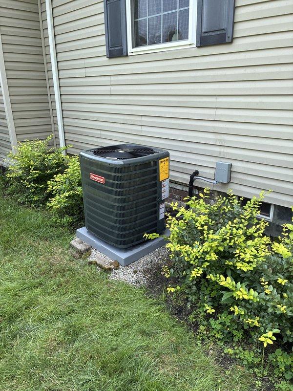 Completed full HVAC system installation including a 96% efficiency furnace and air conditioning unit. New outdoor condensing unit was installed on concrete pad with proper electrical disconnect and conduit connections, verified system operation with multimeter readings showing 520A draw at startup. All equipment tested and operational per manufacturer specifications.
