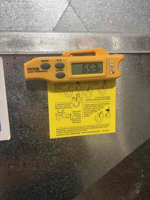 Completed scheduled preventive maintenance on residential HVAC cooling system. Performed comprehensive inspection of air handler and associated components, verified proper airflow and temperature differential across evaporator coil with supply air reading 65.3°F, checked condensate drainage system and PVC routing for proper operation, and confirmed all equipment operating within manufacturer specifications.
