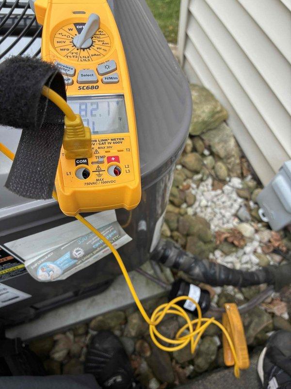 Performed comprehensive system evaluation for new homeowner on residential HVAC unit. Inspected electrical connections at indoor air handler, noting aged wiring terminations and corrosion on mounting hardware requiring future monitoring. Measured operating amperage at outdoor condenser unit using clamp meter, recording 42.1 amps, which falls within normal operating parameters for the equipment. Verified proper electrical function and system operation with no immediate deficiencies requiring repair at time of inspection.