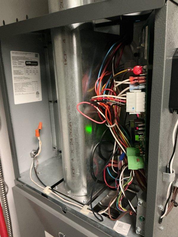 Completed scheduled preventive maintenance on Amana HVAC cooling system. Performed comprehensive inspection of furnace unit, electrical control panel, and associated components. Verified all wiring connections, tested system controls, and confirmed proper operation of safety devices and LED indicators. Inspected ductwork, exhaust venting, and refrigerant lines for integrity. All components found to be functioning within normal parameters with no immediate service needs identified.