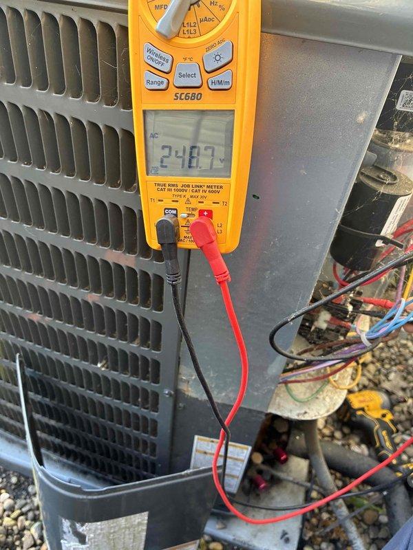 Completed scheduled preventive maintenance on residential cooling system. Performed electrical diagnostics using clamp meter, recording compressor amperage at 5.23A and system voltage at 248.7V, confirming proper electrical operation within manufacturer specifications. Inspected condenser unit, control panel wiring, and internal components; all connections secure with no visible defects noted.