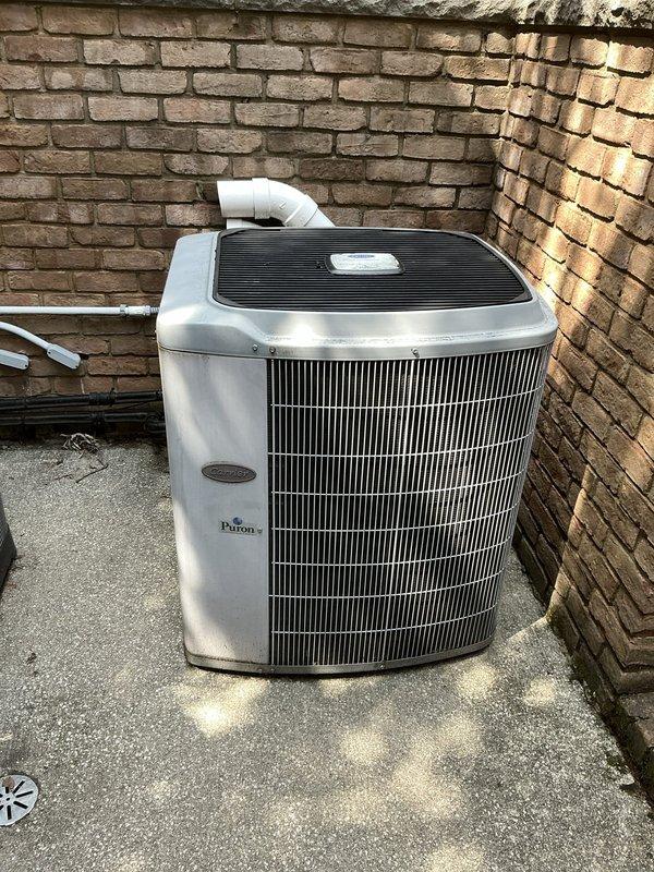 Conducted estimate for air handler and air conditioning replacement on unit #1. Evaluated existing Payne outdoor condenser positioned against brick wall exterior and Carrier air handler system in mechanical room with associated ductwork and piping connections. Documented equipment conditions and installation accessibility for replacement proposal.
