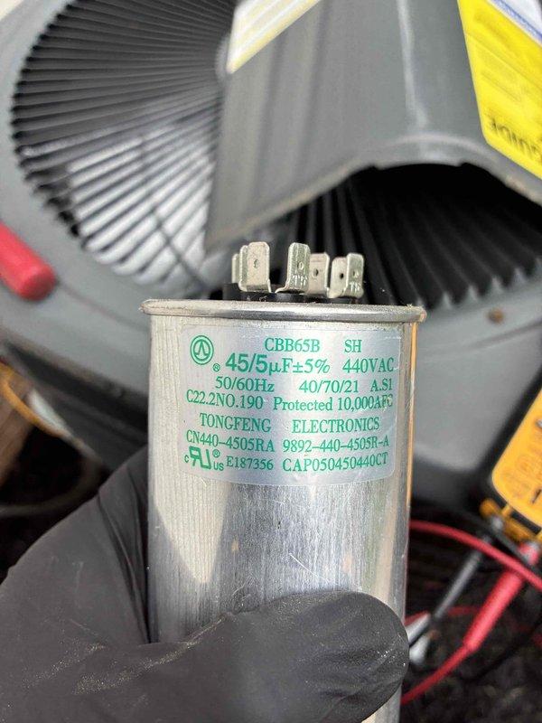 Performed comprehensive preventive maintenance on HVAC cooling system. Conducted electrical diagnostics using digital multimeter, recording motor voltage readings at 424V to verify proper electrical supply and motor operation. Inspected and tested dual-run capacitor rated at 45/5μF at 440VAC, confirming capacitance values within acceptable tolerance range and secure terminal connections. Evaluated condenser unit components including compressor housing, cooling fins, and blower motor assembly for proper operation and physical condition.