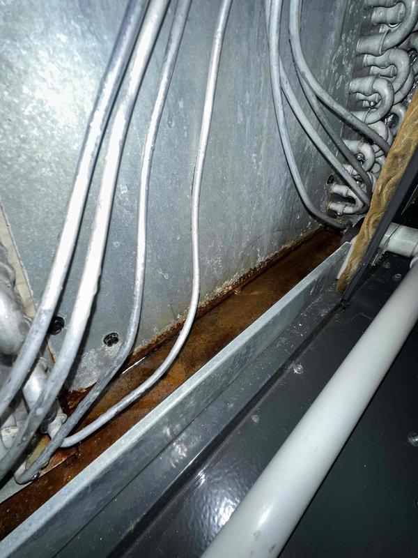 Completed scheduled preventive maintenance on residential cooling system. Performed comprehensive inspection of condensing unit including electrical connections, capacitor, and refrigerant lines. Observed rust formation at ductwork seam connections indicating moisture exposure; documented condition for monitoring. All electrical terminals secure, capacitor within normal parameters, and unit operating within manufacturer specifications at time of service.