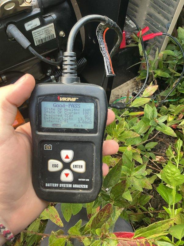 Performed comprehensive generator maintenance including battery system testing and diagnostics. Battery analyzer confirmed optimal performance with 100% state of charge, 825 CCA test pass rating, and 3.63mΩ internal resistance. All maintenance procedures completed successfully with system operating within manufacturer specifications.