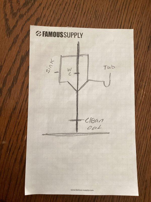 Accessed bathroom plumbing by opening wall in closet to expose the whole house stack. Documented the existing plumbing configuration and stack condition with photos and diagrams to provide accurate assessment for complete stack replacement quote.