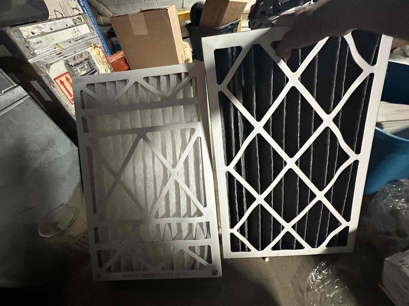 Completed afternoon preventative maintenance on residential HVAC cooling system. Replaced heavily soiled air filter with new unit, inspected blower wheel assembly and verified proper operation of all mechanical components. System tested and confirmed operating within normal parameters.