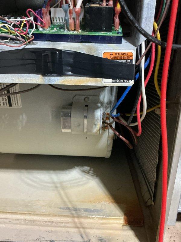 Responded to service call for non-functional thermostat. Upon arrival, inspected HVAC system control board and wiring connections after customer reported thermostat would not power on despite checking wiring and replacing batteries. Examined blower assembly, control board circuitry, and all wire terminations for potential issues causing loss of power to thermostat. Documented system condition including evidence of moisture exposure on internal components and verified all electrical connections to circuit board were secure.