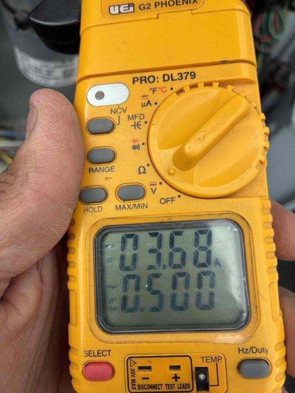 # HVAC Cooling Maintenance Service

Completed comprehensive preventive maintenance on residential air conditioning system as part of ongoing service plan. Performed electrical diagnostics using digital multimeter to verify system voltage and capacitance readings, confirming proper operation of compressor and fan motor components. Inspected and evaluated air filtration system, noting pleated filter media condition within the return air pathway. All measurements fell within manufacturer specifications, and system demonstrated normal operational parameters throughout testing sequence.