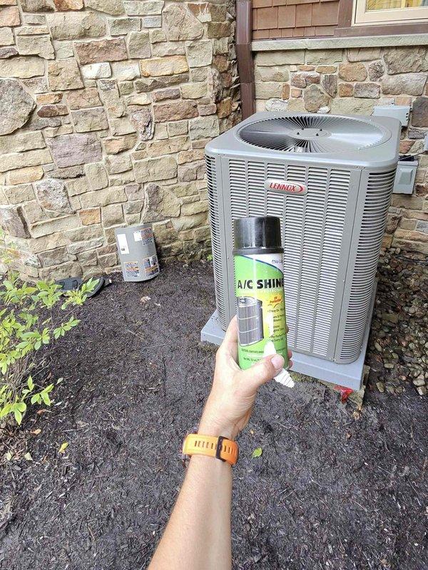Completed comprehensive cooling system maintenance on residential Lennox air conditioning unit and associated indoor equipment. Performed thorough inspection of outdoor condenser unit, applied specialized coil cleaner to exterior surfaces, verified electrical disconnect operation, and confirmed proper refrigerant line connections. Inspected indoor furnace assembly, ductwork connections, and control panel components to ensure system integration and optimal performance for continued reliable cooling operation.