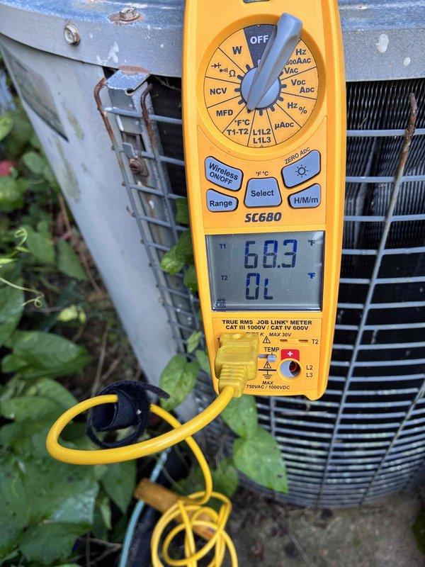 Completed scheduled preventive maintenance on residential cooling system. Performed comprehensive system diagnostics using digital multimeter to verify electrical parameters and operational status of outdoor condensing unit. Measured and recorded supply air temperature at ductwork, confirming proper system performance and adequate cooling output. All components operating within normal specifications.