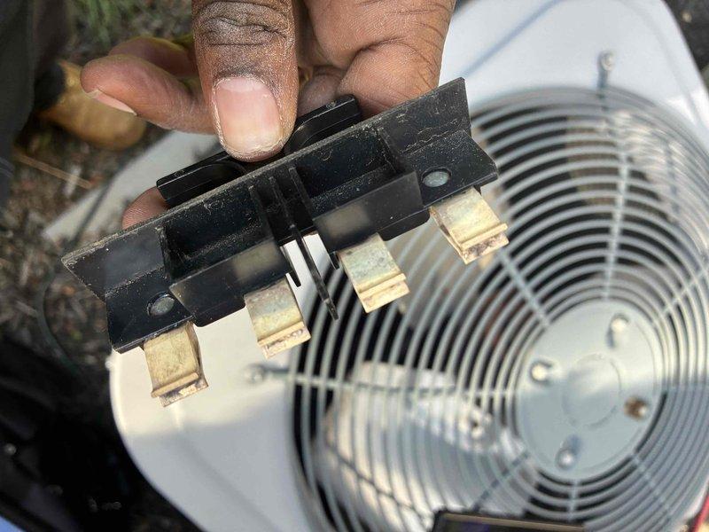 Completed comprehensive cooling maintenance on HVAC system. Performed electrical diagnostics using clamp meter to verify proper amperage draw and system performance. Inspected and removed failed electrical relay component showing significant oxidation and contamination on terminals, which was affecting system operation. Cleaned connections, tested system operation, and confirmed all electrical readings were within manufacturer specifications.