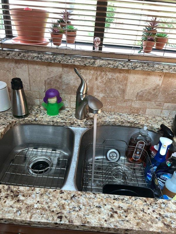 Completed courtesy inspection of kitchen plumbing system including double-basin sink, garbage disposal unit, and drainage assembly. Inspected sink faucet operation and verified proper function of all components. Examined under-sink plumbing configuration consisting of black garbage disposal with connected hoses and metal clamps, white PVC P-trap assembly, and dual drain system with stainless steel strainer basket. All connections, hoses, and clamps were found to be secure with no visible leaks or damage. Also inspected hot water heater per customer request and confirmed proper operation.