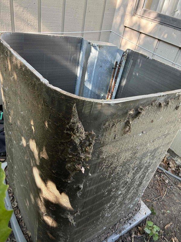 Performed comprehensive coil cleaning on outdoor condensing unit that exhibited heavy accumulation of dirt, debris, and organic matter on exterior surfaces and internal components. Thoroughly cleaned condenser coils, removing built-up contamination from fins and restoring proper airflow capacity to ensure optimal heat transfer efficiency and system performance.