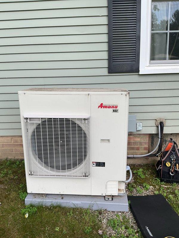 Completed scheduled preventive maintenance on Amana R32 residential cooling system. Performed comprehensive inspection of outdoor condensing unit including condenser coils, electrical connections, and refrigerant lines; verified proper operation of all components and confirmed thermostat functionality with system cooling to setpoint of 79°F.