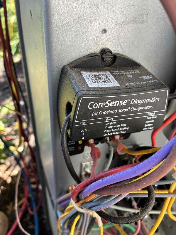 Completed routine cooling maintenance on HVAC system equipped with Copeland Scroll compressor and CoreSense diagnostic monitoring. Inspected CoreSense diagnostic module, verified proper LED indicator function and wiring connections, examined electrical fuse assembly with blade-type fuses in fuse block, and confirmed all safety devices and electrical components were operating within normal parameters.
