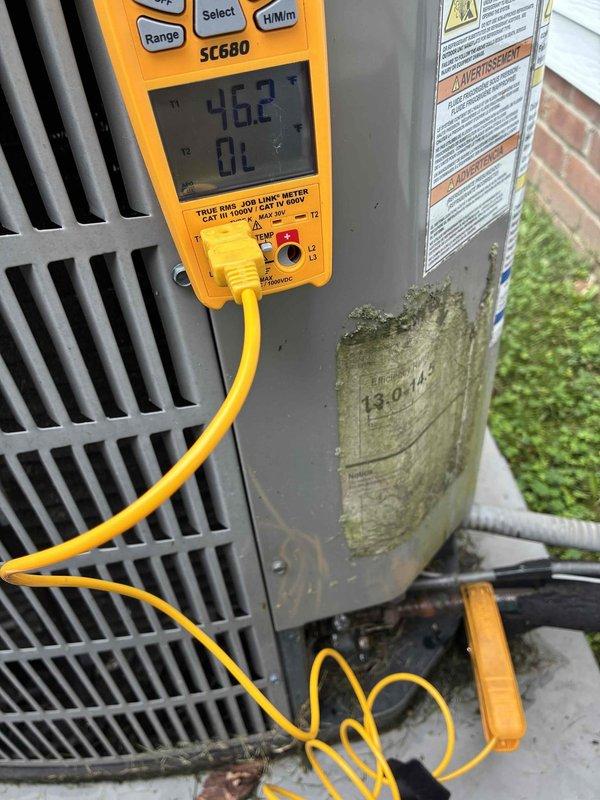 Performed scheduled cooling system maintenance on outdoor condensing unit. Conducted electrical diagnostics using digital multimeter to verify proper voltage and amperage readings across system components. Tested capacitor values and verified compressor operation within manufacturer specifications. All electrical connections were inspected and found secure with no signs of overheating or corrosion. Unit operating normally with proper readings recorded for future reference.