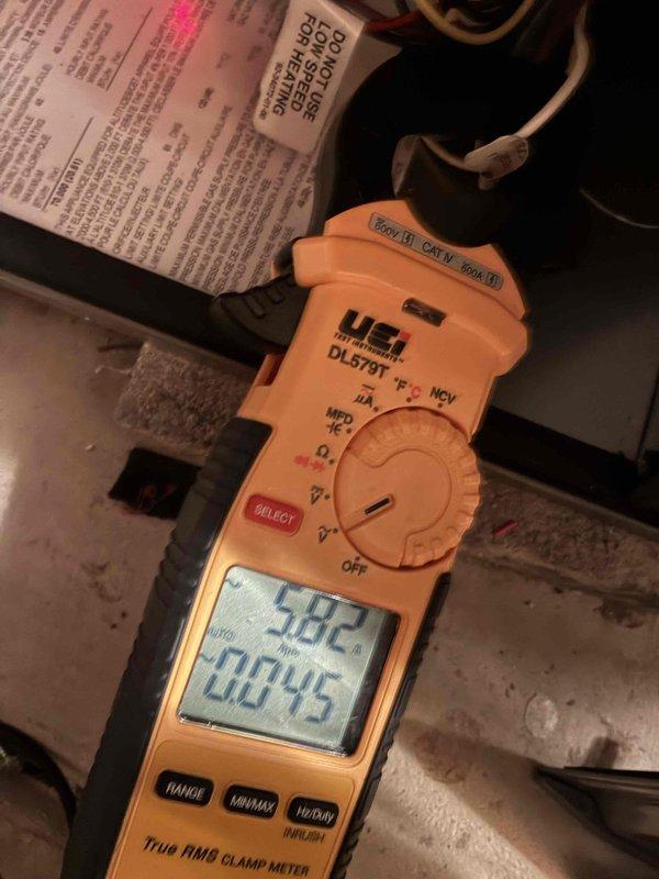 Completed first-year cooling maintenance on HVAC system. Performed comprehensive electrical diagnostics using clamp meter, measuring amperage draw on both indoor and outdoor units to verify proper motor and compressor operation. All electrical components tested within normal operating parameters, with readings confirming system efficiency and proper performance.