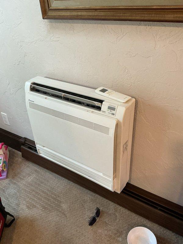 Performed preventive maintenance tune-up on two outdoor condensing units serving ductless mini-split system. Completed standard inspection procedures including checking refrigerant levels, cleaning condenser coils, testing electrical connections, and verifying proper operation of both indoor wall-mounted air handler and outdoor compressor units. Presented customer with information regarding available maintenance value plan options for future service needs.