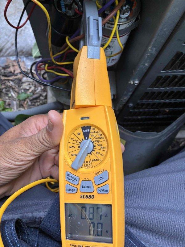 Completed scheduled preventive maintenance on residential cooling system. Performed comprehensive system diagnostics using Fieldpiece SC680 and SC660 meters to verify electrical performance and measure operating amperage, which registered at 126.6 amps. Inspected condenser unit components including refrigerant lines, heat exchanger fins, and electrical connections. All measurements fell within manufacturer specifications, and system demonstrated proper operational parameters throughout testing sequence.