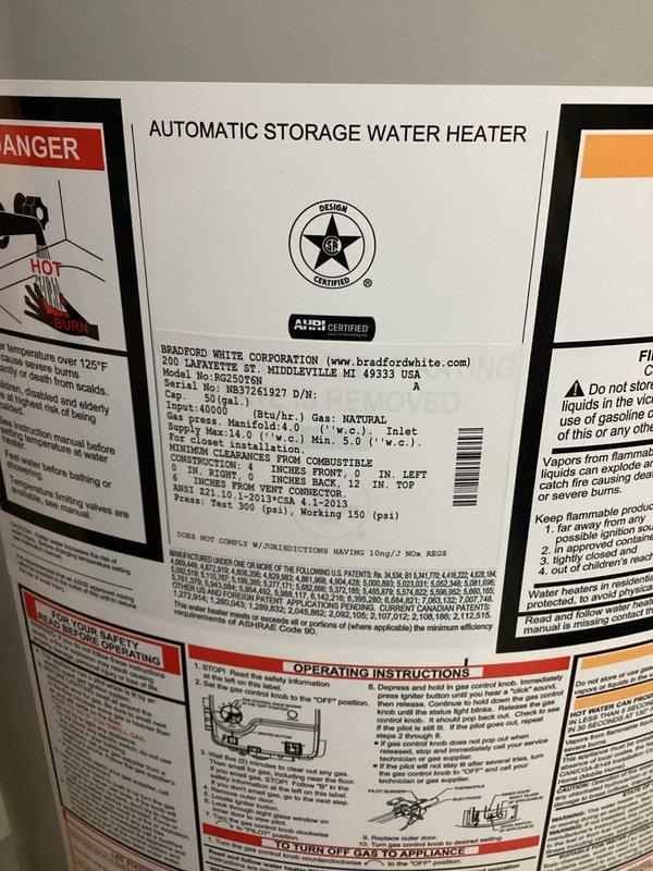 Completed scheduled plumbing maintenance visit for water heater fulfillment and inspection. Performed visual assessment of Bradford White automatic storage water heater unit, verifying proper installation, connections, and operational status. Documented equipment condition including copper piping connections, pressure relief valve, gas input specifications, and safety labeling compliance.