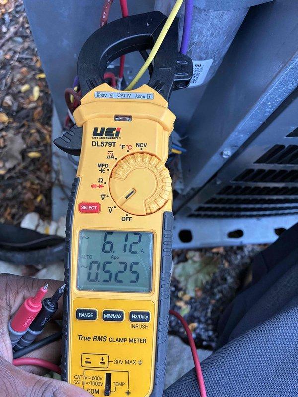 Completed comprehensive cooling maintenance on HVAC system. Performed system diagnostics using calibrated digital instrumentation, measuring supply air temperature at 72.6°F at the air handler unit and verifying electrical parameters including amperage draw of 6.12A with clamp meter. All measurements fell within normal operating specifications, confirming proper system performance and efficiency for continued reliable cooling operation.