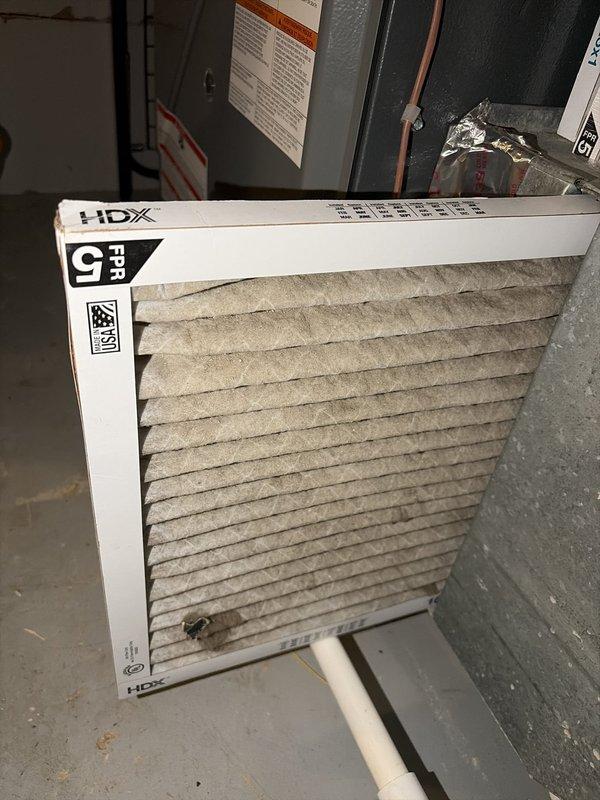 Completed routine cooling system maintenance visit as part of ongoing preventative maintenance program. Inspected HVAC equipment in utility area, removed and evaluated air filter showing moderate dust accumulation, and verified proper operation of cooling components. System assessed using digital diagnostic equipment to ensure optimal performance heading into continued operation.