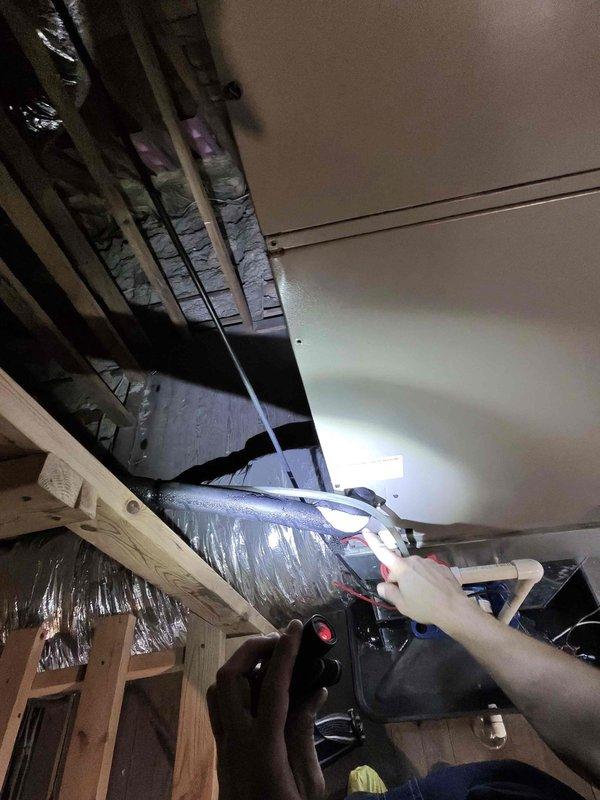Responded to no cooling complaint on aging HVAC system. Performed comprehensive system inspection including exterior disconnect, refrigerant lines, and attic air handler components. Verified system operation, checked electrical connections, and assessed overall condition of equipment to diagnose cooling issue.