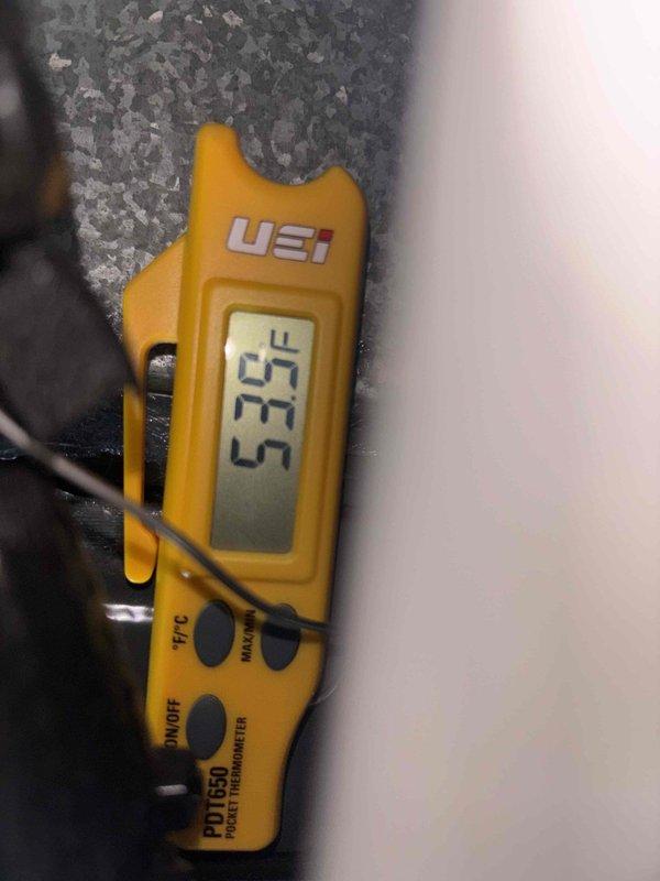 Completed comprehensive cooling system maintenance inspection. Performed refrigerant line pressure checks using manifold gauges on brass service valves and recorded temperature measurements at insulation points, obtaining a reading of 57.5°F. All system components were inspected and found to be operating within normal parameters.