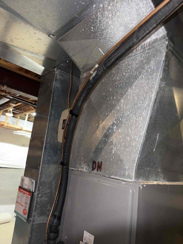 Completed cooling tune-up on two HVAC systems for non-member customer. During inspection, observed significant condensation on ductwork in basement mechanical room, indicating proper system operation and temperature differential. Also documented water staining on ceiling tile, suggesting potential leak from above that may require further investigation. Both systems operating within normal parameters at time of service.