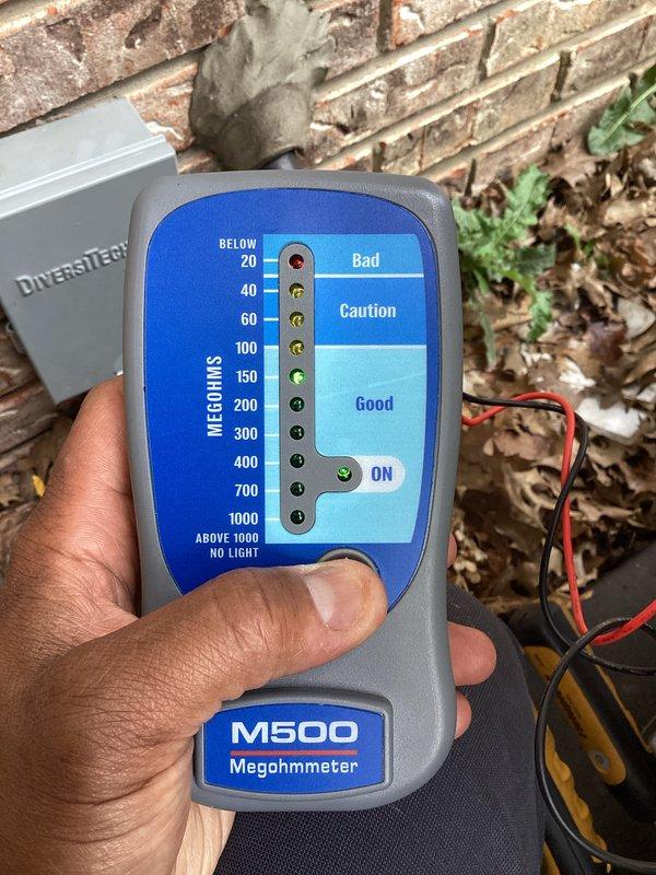 Completed first-year preventive maintenance on cooling system, including comprehensive electrical testing of compressor motor windings using megohmmeter to verify insulation resistance within acceptable parameters. Inspected and tested contactor operation, verified all electrical connections and wire terminations at control panel, and documented system condition with readings indicating proper electrical integrity throughout the unit.