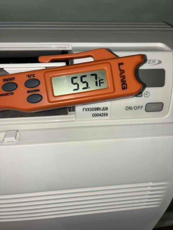 Completed scheduled maintenance visit on ductless mini-split cooling system. Performed comprehensive inspection of indoor air handler unit, model FVXS09WVJU9, including temperature diagnostics using calibrated digital thermometer. Supply air temperature measured at 55.7°F at the unit discharge, with return air temperature recorded at 71.7°F, indicating proper system operation and adequate temperature differential for cooling mode. Verified unit controls, cleaned filters, and confirmed all components functioning within manufacturer specifications. System returned to normal operation with no deficiencies noted.