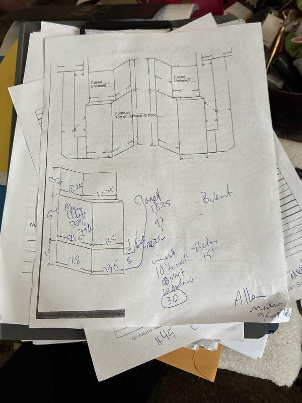 Conducted comprehensive estimate for complete HVAC system replacement at residential property with 39-year-old furnace and no existing air conditioning. Performed thorough assessment of attic space, ductwork configuration, and existing infrastructure including metallic duct elbows, ceiling cavity access points, and structural support beams. Documented measurements and created detailed floor plan sketches noting ductwork dimensions, furnace placement requirements, clearances from furnace top to roof, and room layouts including bedroom, kitchen, and closet areas to determine optimal equipment sizing and installation approach for new furnace and air conditioning system.