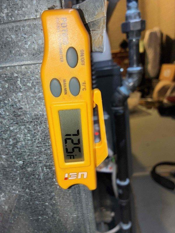 Responded to no cooling complaint on 2-year-old Amana ASXH3N4210 unit. Performed electrical diagnostics at control board using multimeter to verify power supply and control voltage circuits. Measured supply air temperature at 72°F, confirming lack of cooling output. Tested electrical connections and control board terminals to isolate system malfunction.