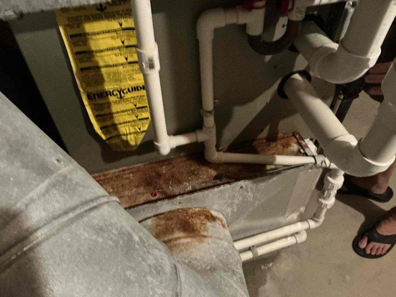 Conducted diagnostic evaluation and presented furnace replacement options to homeowner. Assessed existing HVAC system including thermostat operation and inspected utility area where furnace equipment is located, noting visible water staining on floor near plumbing connections that may require attention during installation.