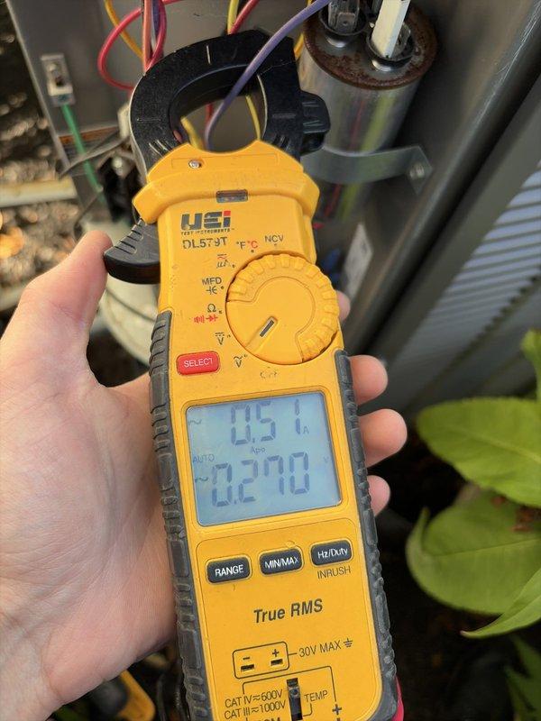 Completed comprehensive cooling maintenance on two HVAC systems. Performed electrical diagnostics using clamp meter, recording current draw of 4.5 amps and capacitance reading of 282.40 microfarads to verify compressor and fan motor operation within manufacturer specifications. Utilized digital diagnostic tools to monitor refrigerant side performance on R-410A system, measuring suction line temperature at 58.6°F and liquid line temperature at 73.5°F. Inspected electrical connections, control wiring, and outdoor unit components. All systems operating properly with no deficiencies noted at time of service completion.