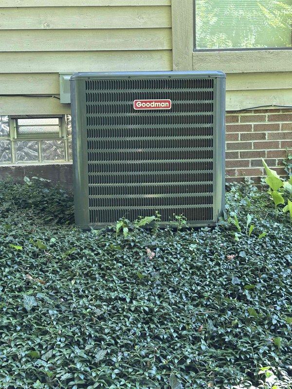 Completed first-year preventative maintenance on two residential cooling systems. Performed comprehensive inspection of outdoor Goodman condenser units, including examination of heat exchanger coils which showed normal operational dirt accumulation on fins and spacer bars. Both systems operating within normal parameters with no immediate service concerns identified.