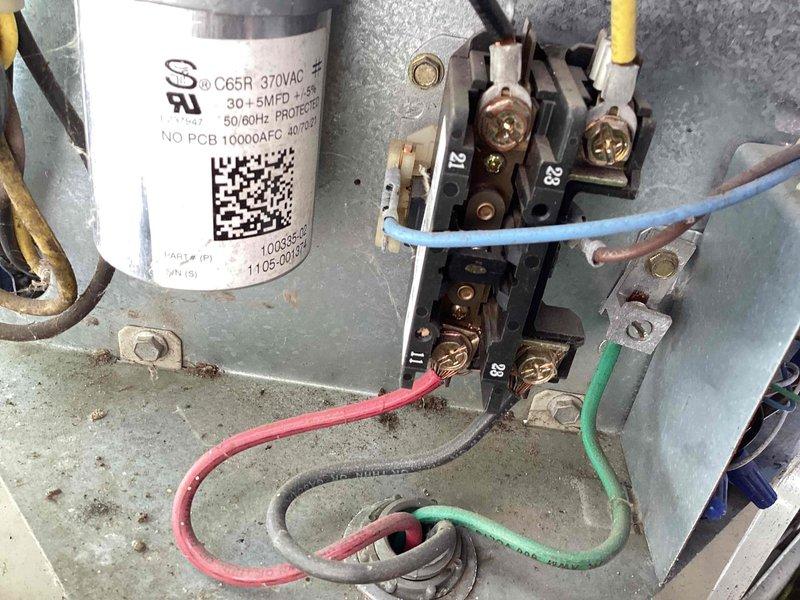 # HVAC Maintenance - Cooling 10+ Years Old
Completed comprehensive AC maintenance and tune-up on a 23-year-old Bryant air conditioning system. Unit is operating properly and cooling effectively. Performed standard preventive maintenance procedures including inspection of all major components.
Inspected electrical connections, capacitor, and contactor assembly. Capacitor specifications verified: C65R 370VAC, 30+5 MFD rated for 50/60Hz operation. All electrical terminals and wiring connections checked for proper contact and secure mounting. Terminal block connections examined on points 21, 23, and 29. Blue, red, green, and gray wires confirmed properly connected with adequate contact pressure. Normal operational wear and dust accumulation noted on internal components.
Addressed customer concern regarding air filter sizing. Customer had recently changed the filter but suspected incorrect dimensions were installed. They had ordered a 2-inch x 10-inch filter but believed the proper size # HVAC Maintenance - Cooling 10+ Years Old
Completed comprehensive AC maintenance and tune-up on a 23-year-old Bryant air conditioning system. Unit is operating properly and cooling effectively. Performed standard preventive maintenance procedures including inspection of all major components.
Inspected electrical connections, capacitor, and contactor assembly. Capacitor specifications verified: C65R 370VAC, 30+5 MFD rated for 50/60Hz operation. All electrical terminals and wiring connections checked for proper contact and secure mounting. Terminal block connections examined on points 21, 23, and 29. Blue, red, green, and gray wires confirmed properly connected with adequate contact pressure. Normal operational wear and dust accumulation noted on internal components.
Addressed customer concern regarding air filter sizing. Customer had recently changed the filter but suspected incorrect dimensions were installed. They had ordered a 2-inch x 10-inch filter but believed the proper size