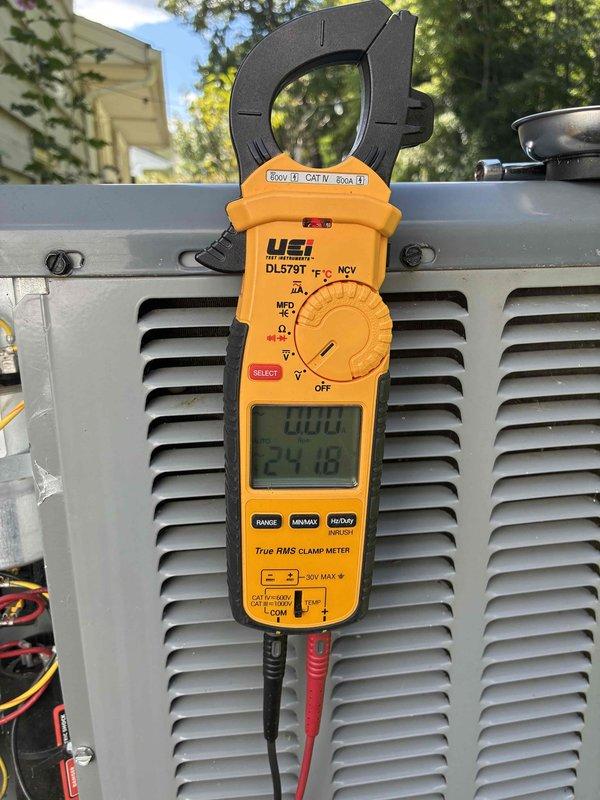 Completed routine preventive maintenance on residential HVAC cooling system. Installed new 16x20x2 FILTERBUY pleated air filter to ensure proper airflow and system efficiency. Performed electrical diagnostics using clamp meter, verifying 24V control circuit operation with normal amperage readings, confirming system is operating within manufacturer specifications.