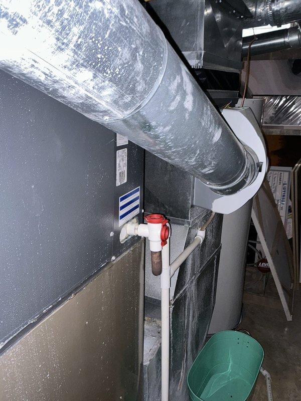 Conducted comprehensive assessment of existing HVAC system for full replacement estimate. Inspected furnace unit showing significant dust accumulation on internal components, blower motor assembly, and electrical connections. Evaluated ductwork configuration and existing PVC condensate drain system with shutoff valve. Documented current equipment condition and mechanical room layout to provide customer with complete system replacement options including appropriate sizing and configuration recommendations.