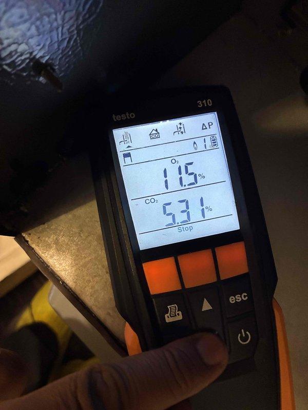 Completed comprehensive heating system maintenance on aging HVAC unit as part of preventive maintenance program. Discovered and replaced heavily soiled air filter that was significantly clogged with accumulated dust and debris, restricting airflow and reducing system efficiency. Performed combustion analysis using calibrated digital analyzer, recording oxygen levels at 11.2% and carbon dioxide at 5.3%, confirming proper burner operation and combustion efficiency within acceptable parameters for safe heating system performance.