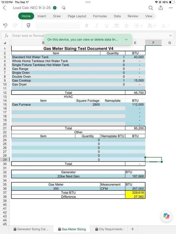 Performed on-site electrical estimate for 22kW standby generator installation. Evaluated existing electrical service infrastructure, including current meter assembly and service entrance configuration. Conducted comprehensive load calculation analysis using gas meter sizing documentation to verify adequate utility capacity for proposed generator system, confirming total BTU requirements of 329,618 with existing household appliances, HVAC equipment (112,000 BTU furnace), and generator load (187,668 BTU). Documented existing electrical panel location and service entrance equipment through site photography for engineering review and permit application preparation. Performed on-site electrical estimate for 22kW standby generator installation. Evaluated existing electrical service infrastructure, including current meter assembly and service entrance configuration. Conducted comprehensive load calculation analysis using gas meter sizing documentation to verify adequate utility capacity for proposed generator system, confirming total BTU requirements of 329,618 with existing household appliances, HVAC equipment (112,000 BTU furnace), and generator load (187,668 BTU). Documented existing electrical panel location and service entrance equipment through site photography for engineering review and permit application preparation.