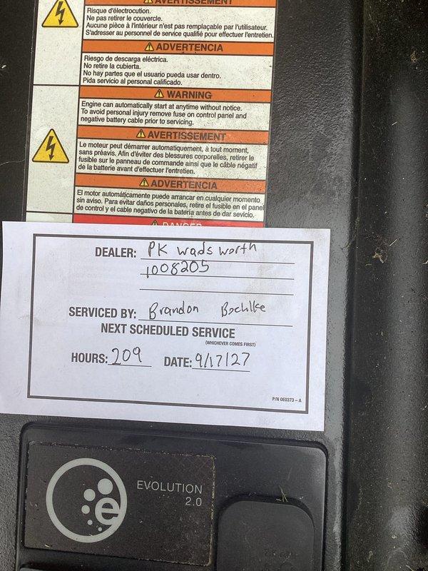 Responded to service call for Generac Evolution 2.0 generator that would not start. Upon arrival, performed diagnostic inspection of the unit and identified the issue preventing operation. Inspected electrical connections, control panel, and key mechanical components. Verified proper wiring connections including power leads and control circuits. Examined air filter assembly and confirmed adequate condition for operation. Checked oil level and engine components for any obvious mechanical failures. Tested generator control system and verified proper communication between controller and engine. Successfully restored generator to operational status and confirmed unit would start and run properly. Documented service performed and updated maintenance records showing current hour meter reading of 209 hours with next scheduled service due.