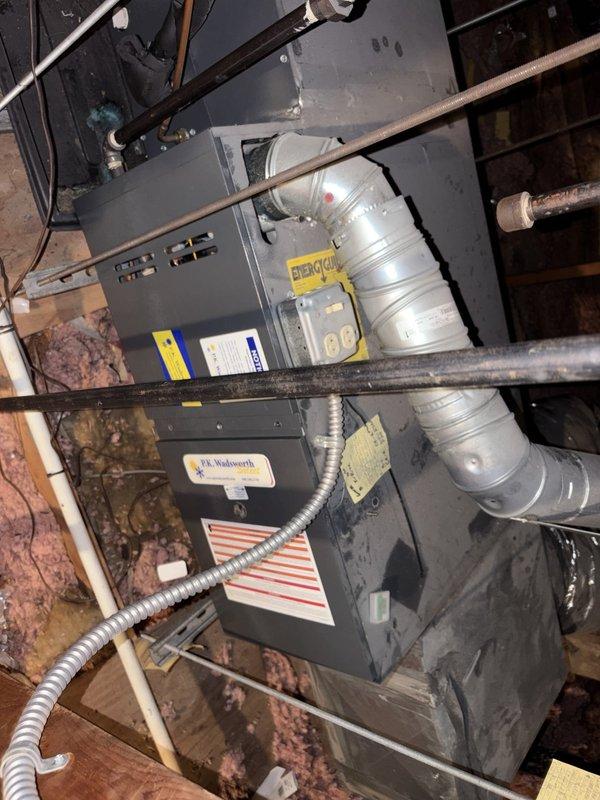Completed preventive maintenance service on residential HVAC cooling system. Performed comprehensive inspection of furnace unit and associated ductwork in attic space, checking all mechanical components, electrical connections, and refrigerant lines. Verified system temperatures using digital measuring instruments, with readings indicating proper operational parameters at 88°F. Inspected flexible metallic ductwork connections, gas line conduit, mounting brackets, and support structures for secure installation and proper function. All components found to be operating within normal specifications with no issues identified requiring immediate attention.