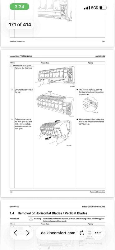 Responded to air conditioning leak complaint. Accessed Daikin technical manual for indoor unit FTX50/61/VJU/I to review removal procedures for horizontal and vertical blades assembly. Documented unit specifications and followed manufacturer guidelines for proper disassembly protocol to diagnose and address recurring leak issue.