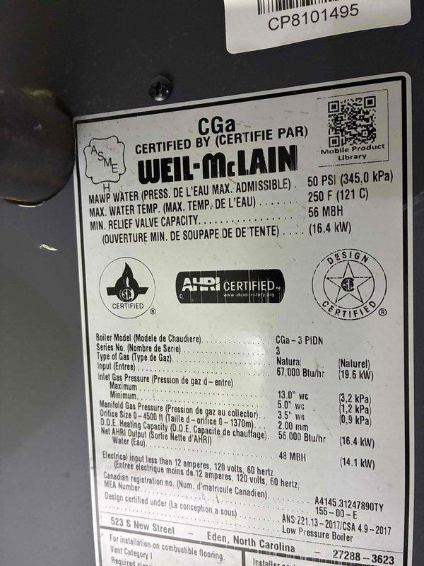 Responded to service call for Weil-McLain CGa-3 PIDN natural gas boiler that was not operating correctly after homeowner's recent property purchase. Upon arrival, performed system inspection and diagnostic evaluation of the 67,000 BTU/hr unit. Examined control board, sequence of operation module, and safety lockout indicators including damper, flame sensor, and low water cutoff (LWCO) systems. Verified electrical connections, reviewed digital display readings showing 85°F, and assessed temperature control settings on economy adjust and temperature end knobs. Documented unit specifications including 56 MBH heat output, 50 PSI maximum water pressure rating, and 260°F maximum water temperature capacity. Inspected wiring harness connections and safety control modules to identify potential operational issues preventing proper system startup. Responded to service call for Weil-McLain CGa-3 PIDN natural gas boiler that was not operating correctly after homeowner's recent property purchase. Upon arrival, performed system inspection and diagnostic evaluation of the 67,000 BTU/hr unit. Examined control board, sequence of operation module, and safety lockout indicators including damper, flame sensor, and low water cutoff (LWCO) systems. Verified electrical connections, reviewed digital display readings showing 85°F, and assessed temperature control settings on economy adjust and temperature end knobs. Documented unit specifications including 56 MBH heat output, 50 PSI maximum water pressure rating, and 260°F maximum water temperature capacity. Inspected wiring harness connections and safety control modules to identify potential operational issues preventing proper system startup.