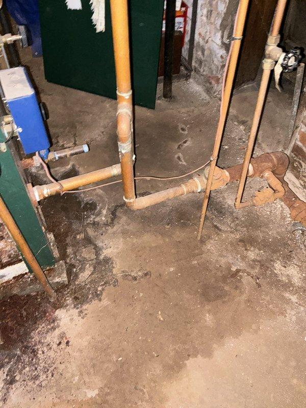 Conducted comprehensive boiler replacement estimate for mixed-use commercial property with bar and residential apartment units. Assessed existing boiler system in basement utility area showing significant aging infrastructure, including corroded copper piping, deteriorated valves, and moisture concerns on concrete flooring. Documented current mechanical room conditions with exposed plumbing configurations, presented multiple boiler replacement options suitable for the building's heating requirements, and provided pricing with applicable equipment discounts.