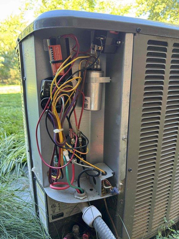 Completed scheduled cooling system maintenance on outdoor HVAC unit, including comprehensive inspection of electrical components, capacitor, wiring connections, and blower wheel assembly. All components were found to be operational with normal wear patterns, and system was verified to be functioning properly. Noted that humidifier feed tube requires future evaluation for potential replacement or new unit quotation due to obsolete parts. Completed scheduled cooling system maintenance on outdoor HVAC unit, including comprehensive inspection of electrical components, capacitor, wiring connections, and blower wheel assembly. All components were found to be operational with normal wear patterns, and system was verified to be functioning properly. Noted that humidifier feed tube requires future evaluation for potential replacement or new unit quotation due to obsolete parts.