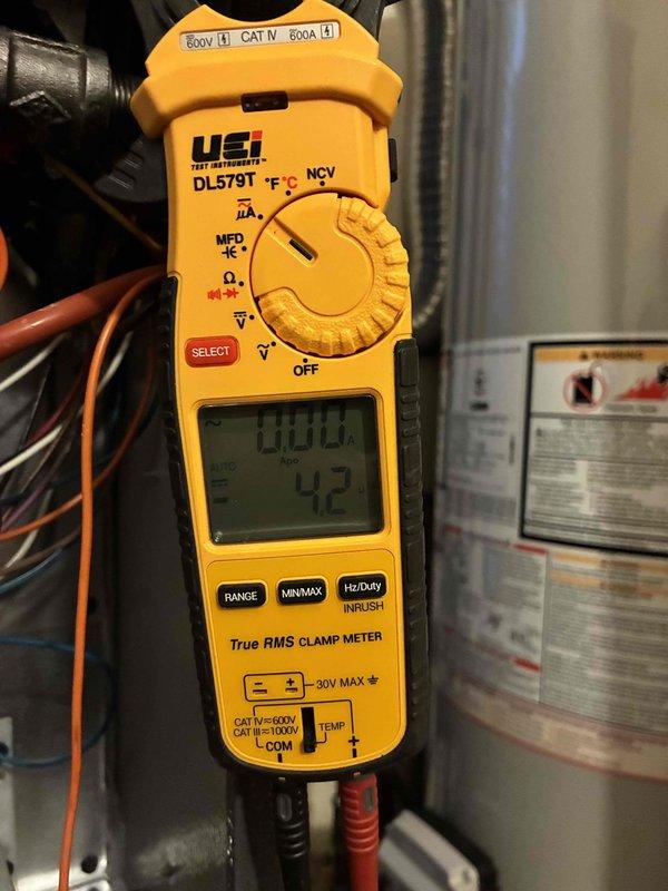 Completed scheduled heating maintenance on residential furnace system. Performed electrical diagnostics using clamp meter to verify proper amperage draw and system performance, with readings indicating normal operation at 0.004 amps and 42-degree temperature differential. Replaced 16x25x1 pleated air filter to ensure optimal airflow and system efficiency for the heating season.