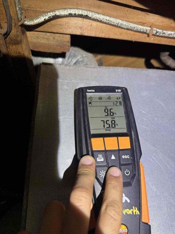 Performed comprehensive tune-up and diagnostic evaluation on 40-year-old Williamson furnace in basement after customer reported unit was not shutting off properly. Conducted combustion analysis using Testo 310 analyzer, recording temperature readings of 96° and 75.8° to assess system efficiency and safety parameters. Inspected all mechanical components, ductwork connections, and control systems to identify cause of thermostat cycling issue and verified proper operation of all safety controls and limit switches.